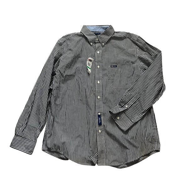 Chaps Mens Gray/White Striped Easy Care Button-Up Shirt L - Picture 1 of 9